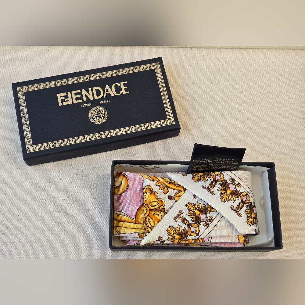 FENDACE FENDIi X VERSACE Silk Foulard Scarf Wrappy – Pink Baroque & FF Monogram